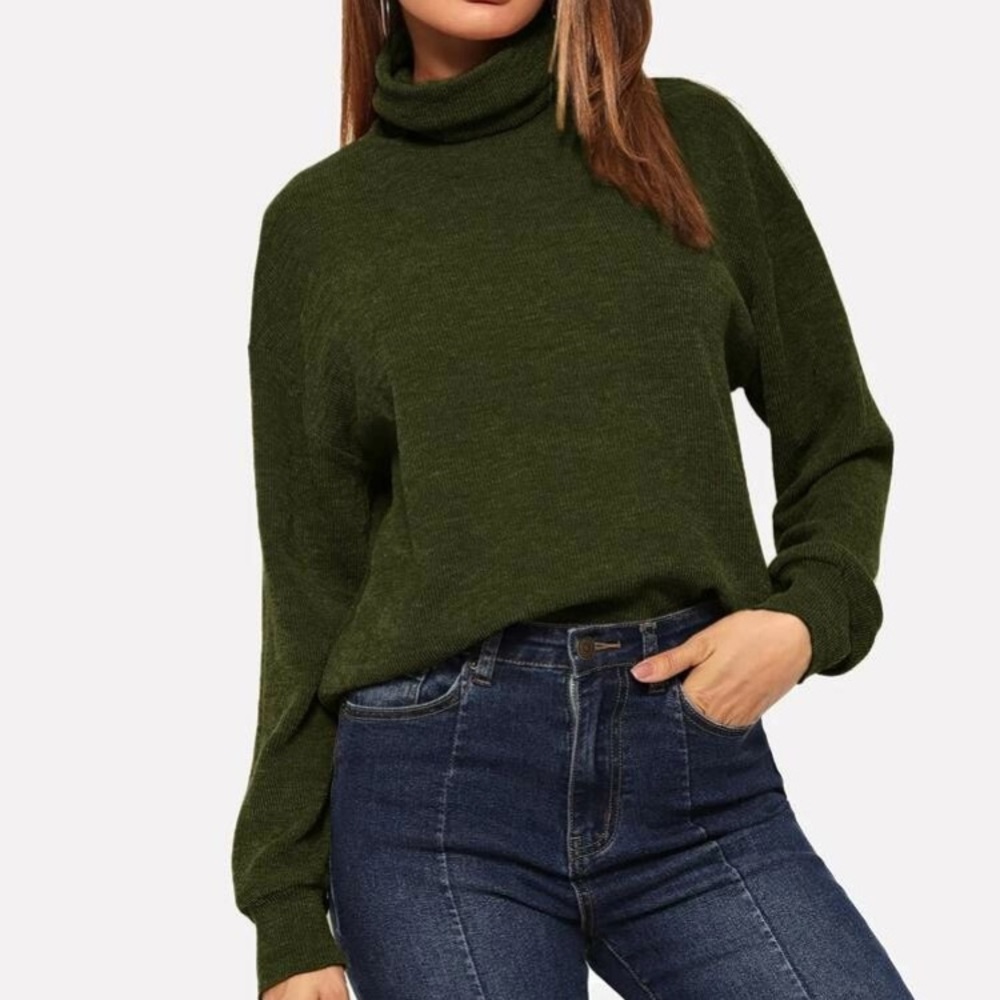 Drop Shoulder Turtle Neck Ribbed Pullover